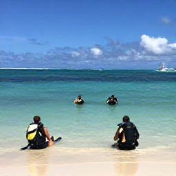 Caribbean Holidays, January Diving, Relaxed divers enjoying a sunny beach and turquoise water after scuba diving in Grand Cayman