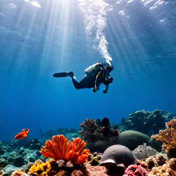Caribbean Holidays, January Diving, Scuba diver ascending above a colourful Caribbean reef with sunbeams filtering through clear water in the US Virgin Islands