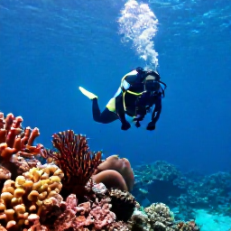 Caribbean Holidays, January Diving, Scuba diver exploring a colourful coral reef in clear blue water off Saint Vincent and the Grenadines in January