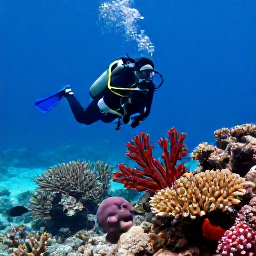 Caribbean Holidays, January Diving, Scuba diver swimming beside vivid coral, sea fans and tropical fish on a shallow Cura&ccedil;ao reef