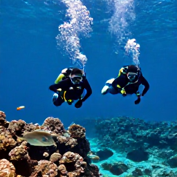 Caribbean Holidays, January Diving, Scuba divers descending beside a rocky reef with tropical fish in clear Caribbean water near Saint Barth&eacute;lemy