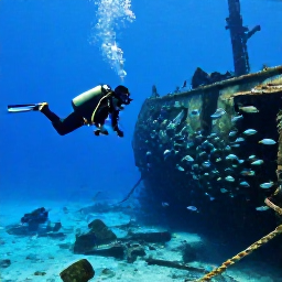 Caribbean Holidays, January Diving, Scuba divers exploring a Bermuda shipwreck with schools of fish in clear Atlantic water