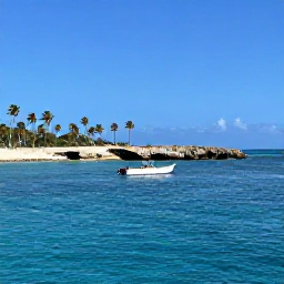 Caribbean Holidays, January Diving, Small dive boat approaching a calm Cura&ccedil;ao bay with palm trees, rocky coastline and brilliant blue water