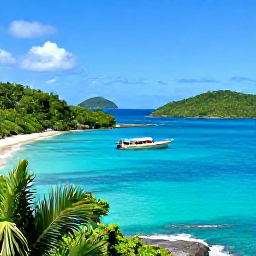Caribbean Holidays, January Diving, Small dive boat approaching a quiet tropical bay surrounded by green hills and islands in Saint Vincent and the Grenadines