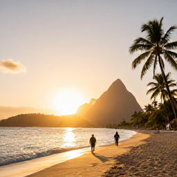 Caribbean Holidays, January Escapes, A golden sandy beach in Saint Lucia at sunset, with calm Caribbean water, palm trees and a couple walking along the shoreline