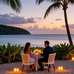 Caribbean Holidays, January Escapes, A romantic beachfront dinner for two at a Saint Lucia adults-only resort, with candles, tropical foliage and the sea at dusk