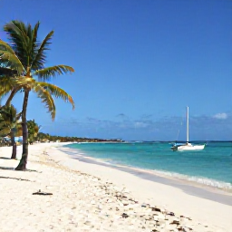 Caribbean Holidays, January Escapes, A white sandy Caribbean beach with turquoise water, palm trees and a small sailing boat under clear January skies