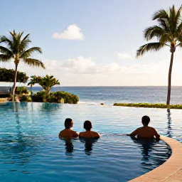 Caribbean Holidays, January Escapes, Adults relaxing beside an infinity pool at a stylish Saint Kitts resort in warm January sunshine