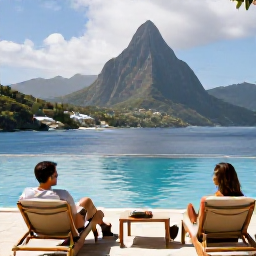 Caribbean Holidays, January Escapes, An elegant adults-only hotel in Saint Lucia with an infinity pool overlooking the Caribbean, comfortable loungers and couples enjoying a quiet afternoon
