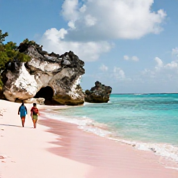 Caribbean Holidays, January Escapes, Bermuda coastal path beside vivid turquoise sea, with a couple walking past pink sand and limestone rocks in soft winter sunshine