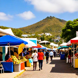 Caribbean Holidays, January Escapes, Colourful Caribbean street in Kingstown, Saint Vincent, with a local market, tropical fruit stalls and visitors exploring in warm January sunshine