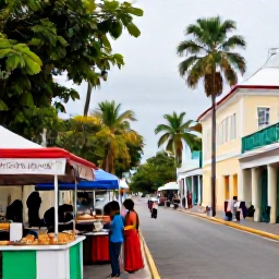 Caribbean Holidays, January Escapes, Colourful Port of Spain street scene in January with local food stalls, tropical greenery, historic buildings and visitors enjoying Caribbean culture