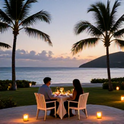 Caribbean Holidays, January Escapes, Couple dining outdoors at an adults-only Caribbean resort in Saint Vincent and the Grenadines, with candlelight, palm trees and a calm evening sea view