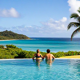 Caribbean Holidays, January Escapes, Couple enjoying a peaceful adults-only resort pool overlooking a Caribbean bay in Saint Vincent and the Grenadines, January sunshine and tropical greenery