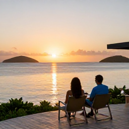 Caribbean Holidays, January Escapes, Couple enjoying a peaceful sunset from an adults-only resort terrace overlooking the Grenadines, with calm sea, small islands and warm evening light