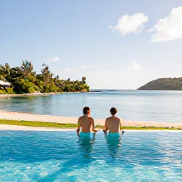 Caribbean Holidays, January Escapes, Couple relaxing beside an infinity pool overlooking a calm Caribbean bay on a sunny British Virgin Islands morning