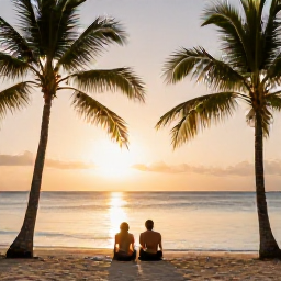 Caribbean Holidays, January Escapes, Couple relaxing on a quiet Saint Kitts beach at sunset with palm trees and calm Caribbean water
