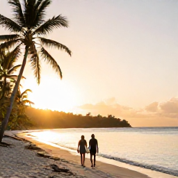 Caribbean Holidays, January Escapes, Couple walking along a quiet Caribbean beach at golden hour in Saint Vincent and the Grenadines, with palm trees and calm sea