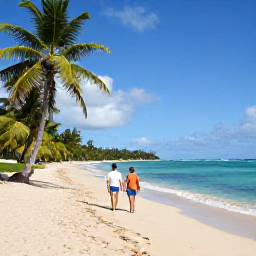 Caribbean Holidays, January Escapes, Couple walking along a quiet golden beach on Saint Kitts with palm trees and turquoise Caribbean sea