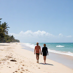 Caribbean Holidays, January Escapes, Couple walking along a quiet sandy beach on Nevis in bright January sunshine