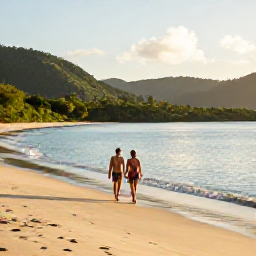 Caribbean Holidays, January Escapes, Couple walking along a quiet Tobago beach in January, soft golden sand, calm blue water, gentle morning sunlight and lush green hills in the distance