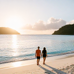 Caribbean Holidays, January Escapes, Couple walking along a quiet white-sand beach at sunrise in the United States Virgin Islands, January sunshine and calm turquoise water