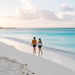 Caribbean Holidays, January Escapes, Couple walking along a quiet white-sand beach with turquoise water and soft morning sunlight in Cura&ccedil;ao