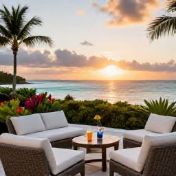 Caribbean Holidays, January Escapes, Elegant adults-only Bermuda resort terrace overlooking the ocean at sunset, with comfortable seating, drinks and tropical planting
