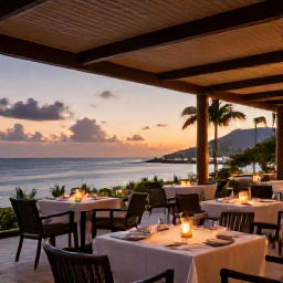 Caribbean Holidays, January Escapes, Elegant adults-only Caribbean restaurant terrace at sunset with candlelit tables and island views