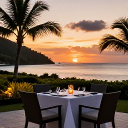Caribbean Holidays, January Escapes, Elegant adults-only resort dinner beside the sea in Trinidad and Tobago at sunset, candlelit table, tropical garden and calm evening atmosphere