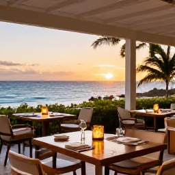 Caribbean Holidays, January Escapes, Elegant adults-only resort restaurant in Turks and Caicos serving a relaxed evening meal outdoors