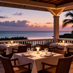 Caribbean Holidays, January Escapes, Elegant adults-only resort restaurant serving Caribbean-inspired dinner on an outdoor terrace at sunset