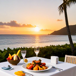 Caribbean Holidays, January Escapes, Elegant waterfront dining at a Caribbean all-inclusive resort in Saint Vincent, with fresh seafood, tropical fruit and sunset views