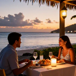 Caribbean Holidays, January Escapes, Outdoor Caribbean restaurant at sunset in Saint Vincent and the Grenadines, fresh seafood dinner, soft lantern light and a couple dining by the sea