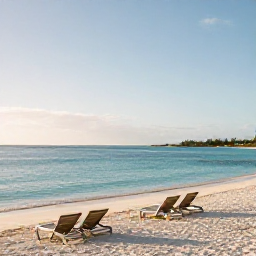Caribbean Holidays, January Escapes, Quiet pink-sand beach in Bermuda during a bright January morning, with calm turquoise water and a few empty loungers