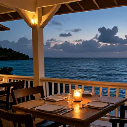 Caribbean Holidays, January Escapes, Romantic Bermuda seaside restaurant serving dinner for two, with candlelight, ocean views and a calm evening sky