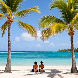 Caribbean Holidays, January Escapes, Romantic couple relaxing on a peaceful Caribbean beach on St John, surrounded by palm trees and clear blue water
