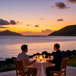 Caribbean Holidays, January Escapes, Romantic open-air dinner for two beside the sea in the United States Virgin Islands, lanterns glowing at sunset