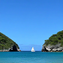 Caribbean Holidays, January Escapes, Sailing boat passing between dramatic green islands and rocky outcrops in the British Virgin Islands under clear blue skies