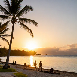 Caribbean Holidays, January Escapes, Sunset over a Caribbean coastline with palm trees, calm water and travellers relaxing after a day of island exploration