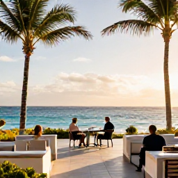 Caribbean Holidays, January Escapes, Travellers enjoying a calm adults-only Cura&ccedil;ao resort terrace with palm trees, warm sunlight and views of the sea