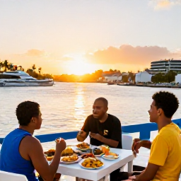 Caribbean Holidays, January Escapes, Travellers enjoying a Caribbean island itinerary, with local food, music and a scenic harbour at golden hour