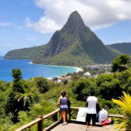 Caribbean Holidays, January Escapes, Visitors exploring the Pitons and lush rainforest in Saint Lucia, with a scenic viewpoint, tropical vegetation and the Caribbean coast in the distance