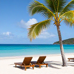Caribbean Holidays, January Escapes, White sandy beach with palm trees, gentle turquoise sea and two sun loungers on a peaceful British Virgin Islands afternoon