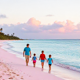 Caribbean Holidays, January Family Holidays, A bright January morning on a pink-sand Bermuda beach, with a family walking beside calm turquoise water