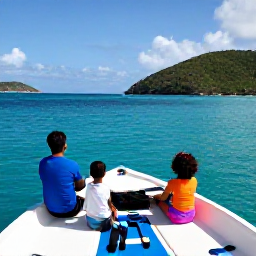 Caribbean Holidays, January Family Holidays, A family aboard a small boat exploring turquoise water between green British Virgin Islands, with snorkelling gear on board