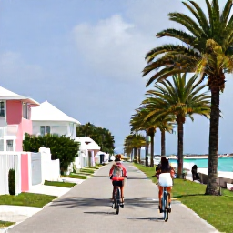 Caribbean Holidays, January Family Holidays, A family cycling along a quiet Bermuda road lined with palms, pastel houses and sea views in January