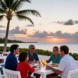 Caribbean Holidays, January Family Holidays, A family enjoying a relaxed outdoor meal at a beachfront restaurant in Turks and Caicos at sunset