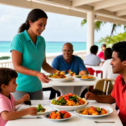 Caribbean Holidays, January Family Holidays, A family enjoying a welcoming Bermuda restaurant meal with colourful local dishes and a relaxed atmosphere