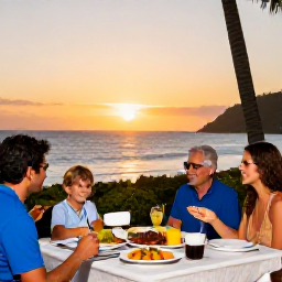 Caribbean Holidays, January Family Holidays, A family enjoying an outdoor Caribbean restaurant meal at sunset, with local dishes, fresh fruit and a relaxed island atmosphere